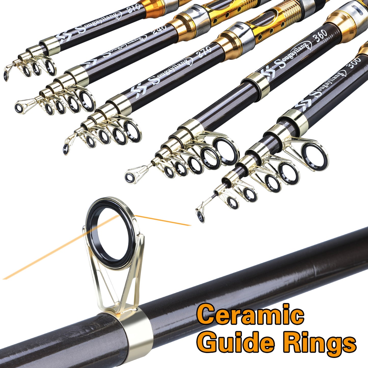 [Quality Construction] Sougayilang Ultralight Carbon Fiber Spinning Fishing Rod - Portable, Medium Action, 6.72-9.84ft Extendable Length, Black & Golden with Comfort Grip Handle - Ideal for All Anglers