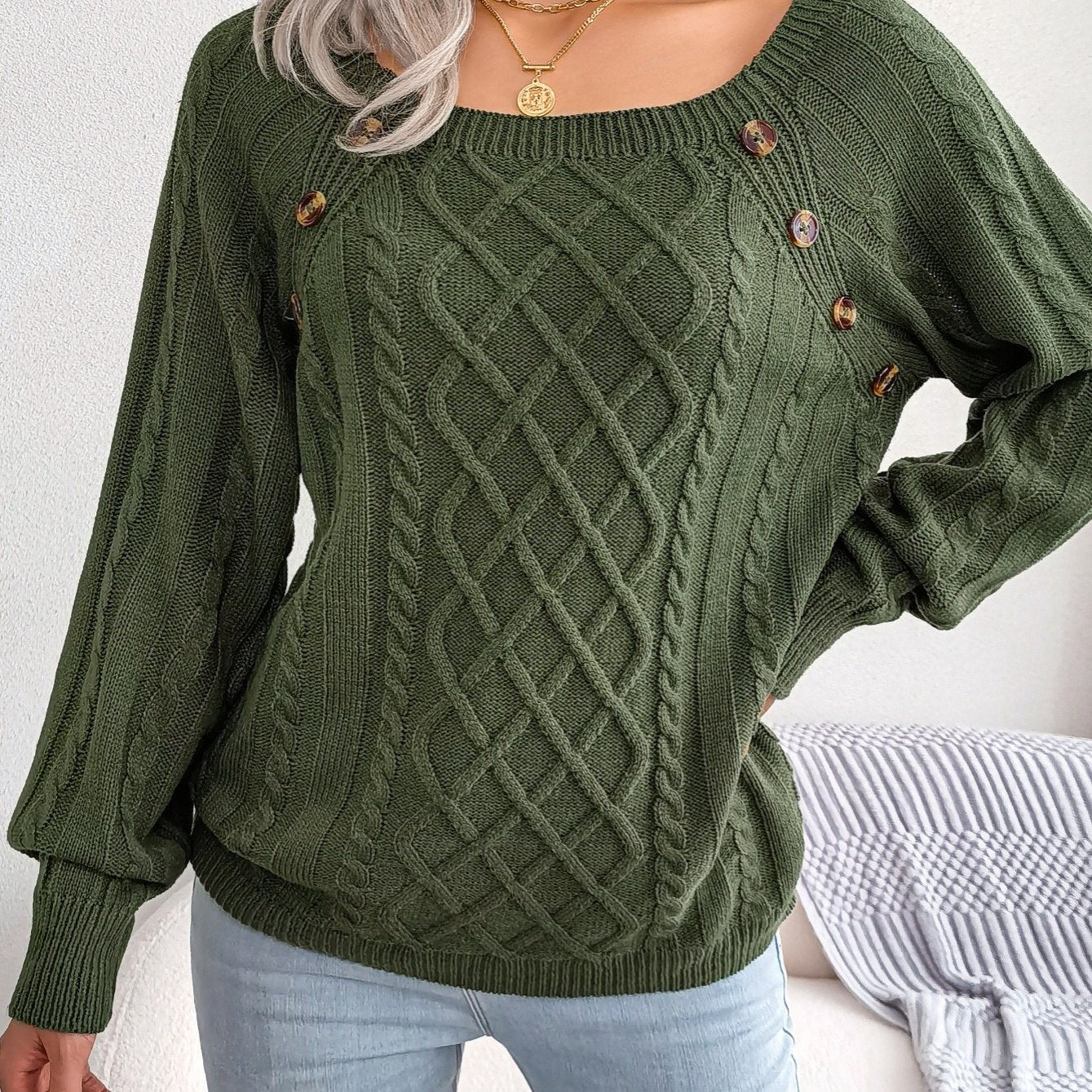 [Texture Lantern Sleeve Sweater] Round Neck Texture Lantern Sleeve Women's Sweater - Button Sweater