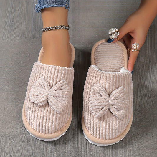 [Cozy Slippers] Cozy Fleece-Lined Women's Slip-On Winter Slippers | Soft All-Season Indoor House Shoes for Home & Couples, Casual Slip-On Design with Bow Detail, EVA Sole