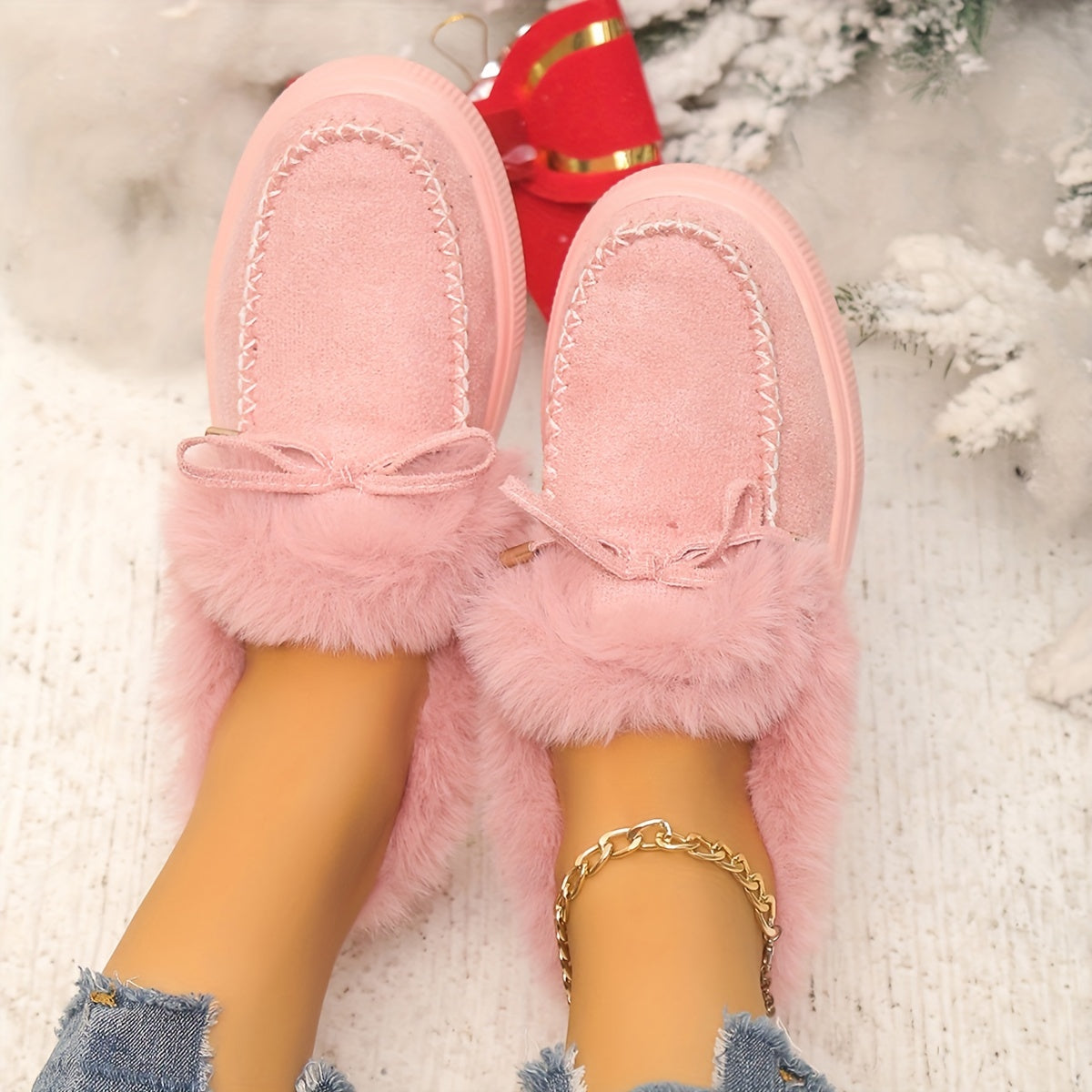 Women's Plush Faux Fur Winter Ankle Boots - Slip-On Snow Boots with Round Toe, Soft Fabric Upper & Lining, Non-Slip Rubber Sole - Plus Size Available in Vibrant Pink for Cold Weather Comfort, Cozy Indoor Slippers, Fashionable