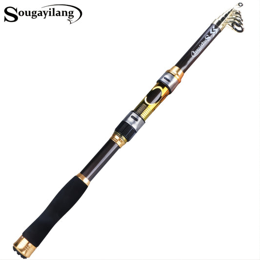 [Quality Construction] Sougayilang Ultralight Carbon Fiber Spinning Fishing Rod - Portable, Medium Action, 6.72-9.84ft Extendable Length, Black & Golden with Comfort Grip Handle - Ideal for All Anglers