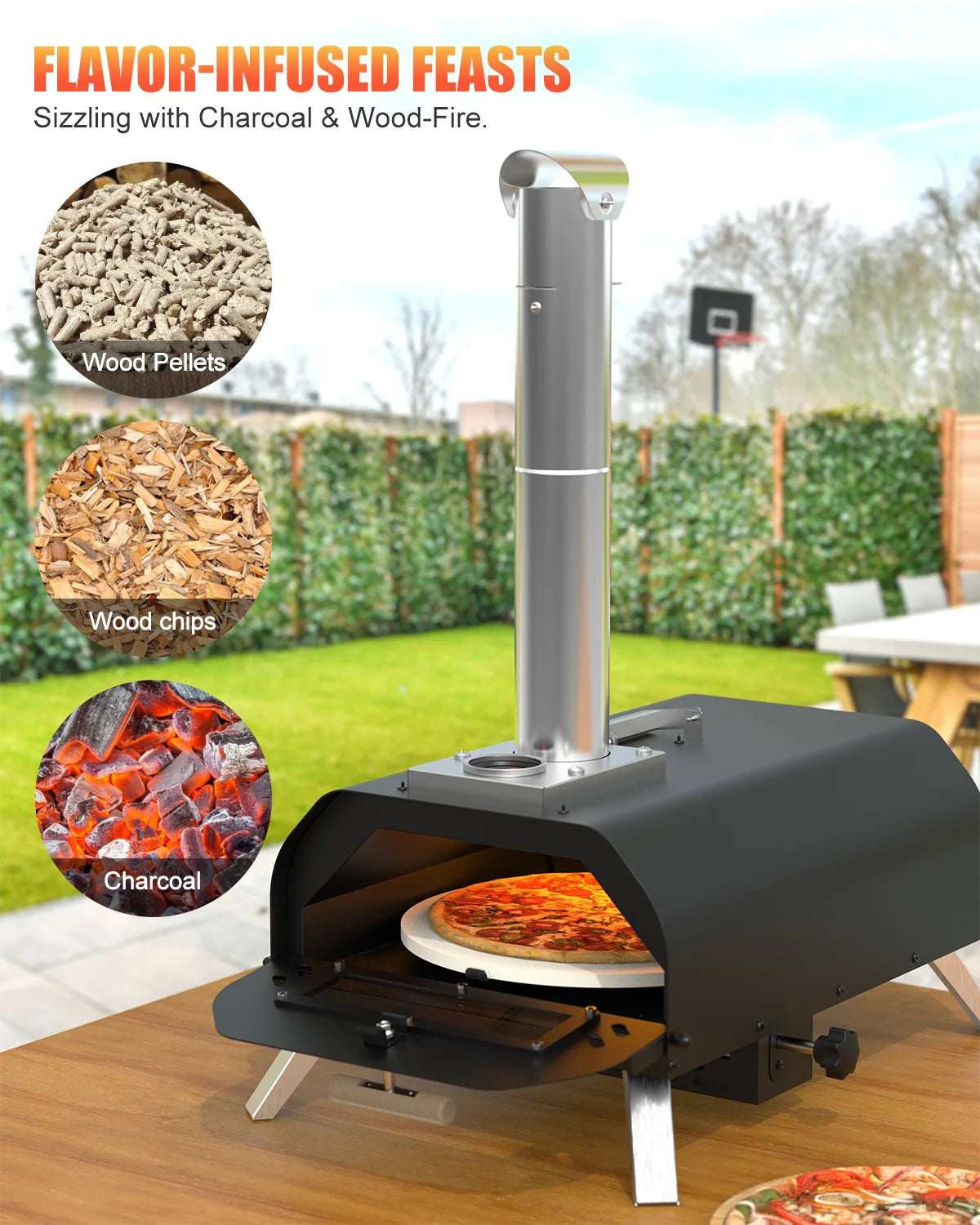 USA Stock Multi-Fuel Outdoor Manual Rotating Wood Fired Pizza Oven Portable Stainless Steel Chimney Wood Pellet Pizza Oven
