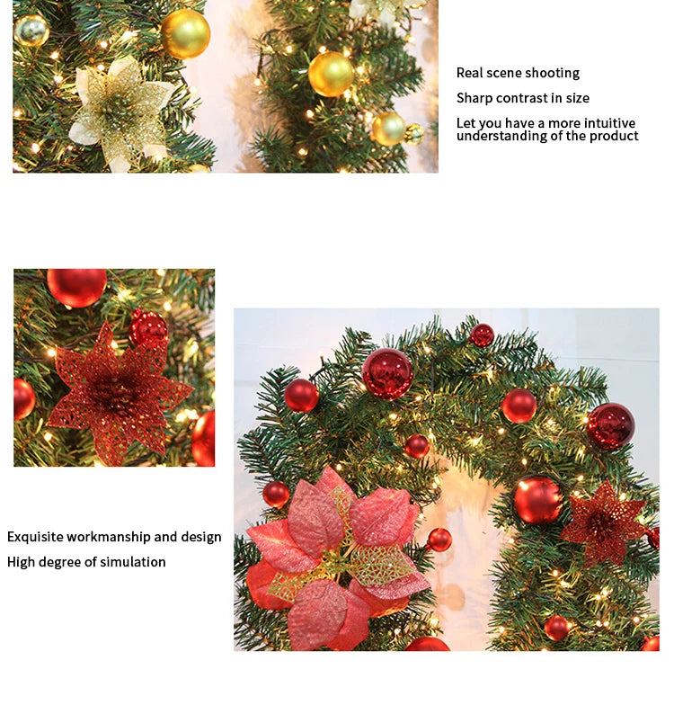2.7m Luxury Christmas LED Cane Wreath Decoration With Lanterns Green Artificial Christmas Tree Banner Party New Year's door Wrea