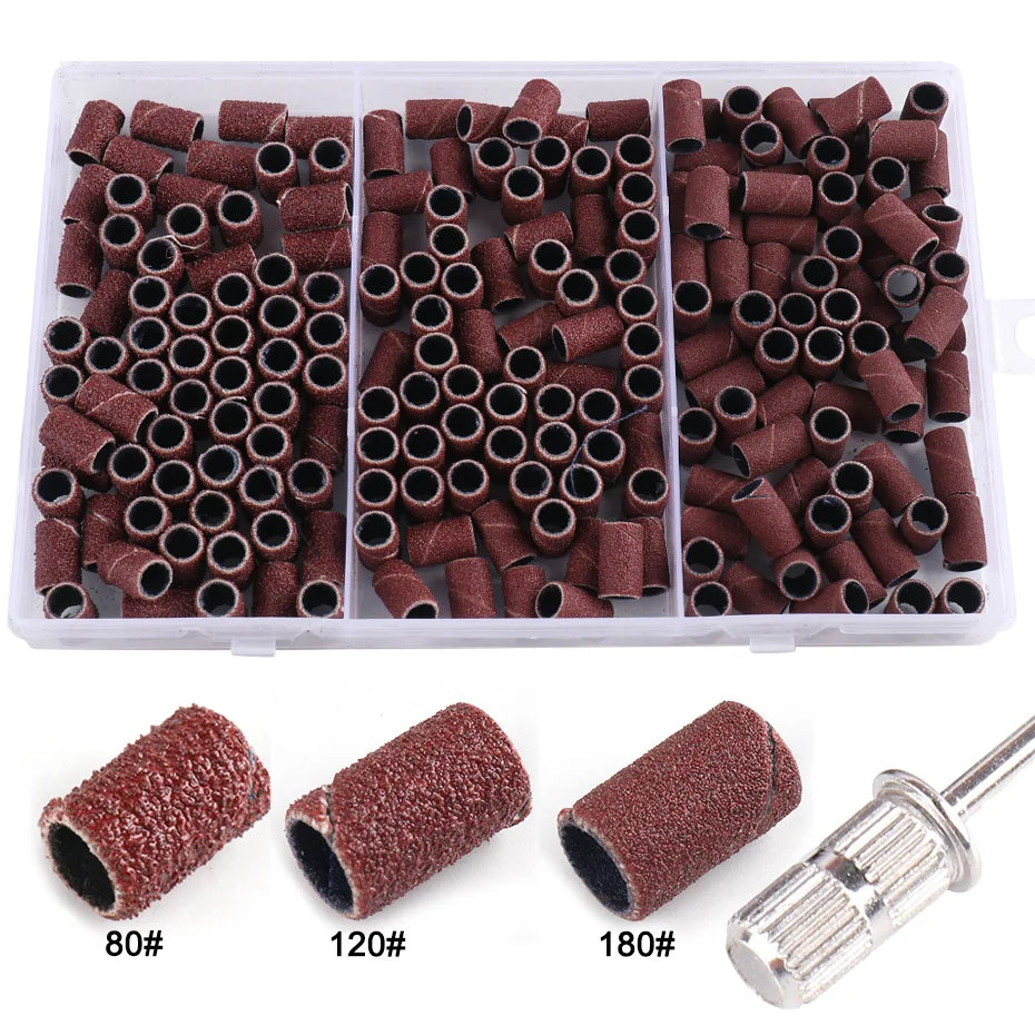 210pcs/Box Sanding Cap Bands For Electric Manicure Machine 180/120/80 Grit Nail Drill Grinding Bit Files Pedicure Tool Set