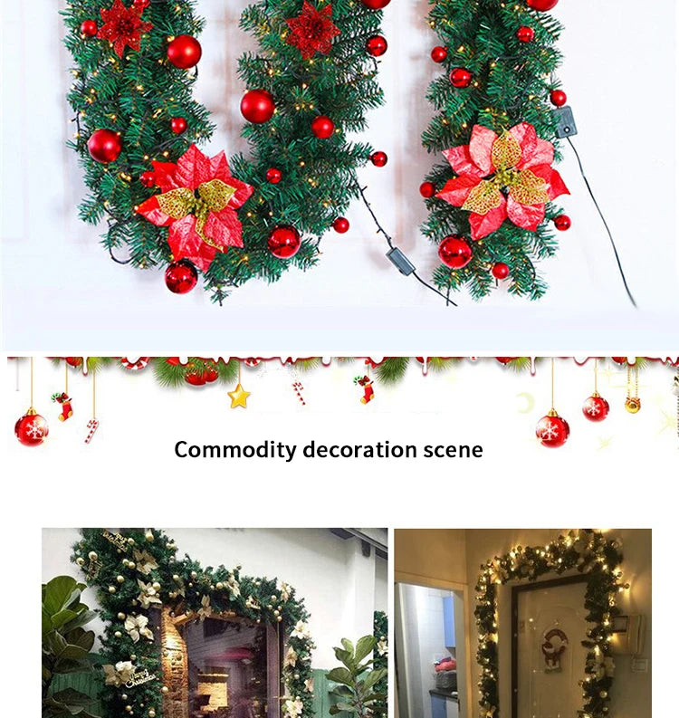 2.7m Luxury Christmas LED Cane Wreath Decoration With Lanterns Green Artificial Christmas Tree Banner Party New Year's door Wrea
