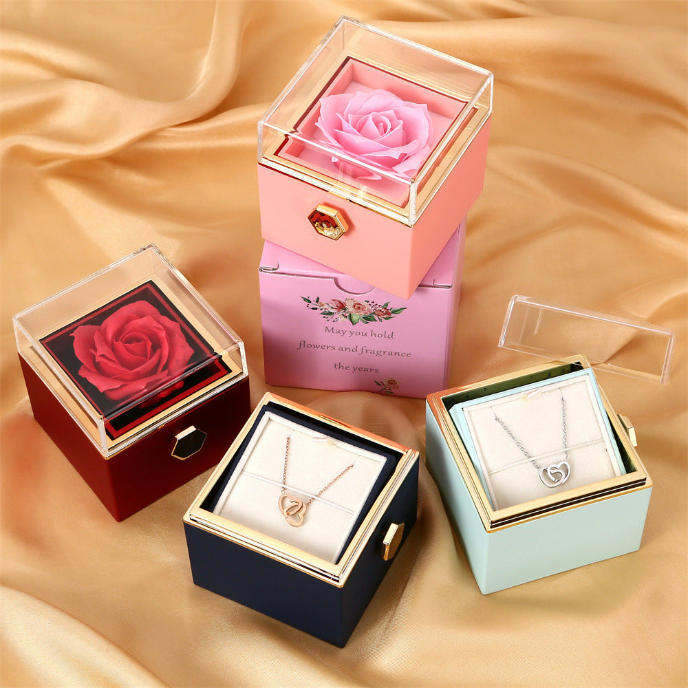 Personality Lettering Stainless Steel Double Ring Heart Necklace Rotating Rose Jewel Case and Packing Box Reversible Necklace Box