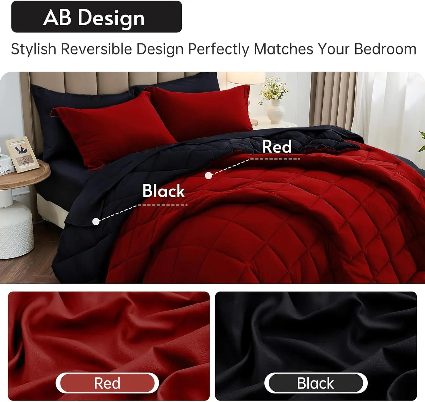 2/3pcs Reversible Comforter Set, All Season Bedding Set with Comforter, Pillow Shams, Red & Black, Down Alternative Duvet Insert