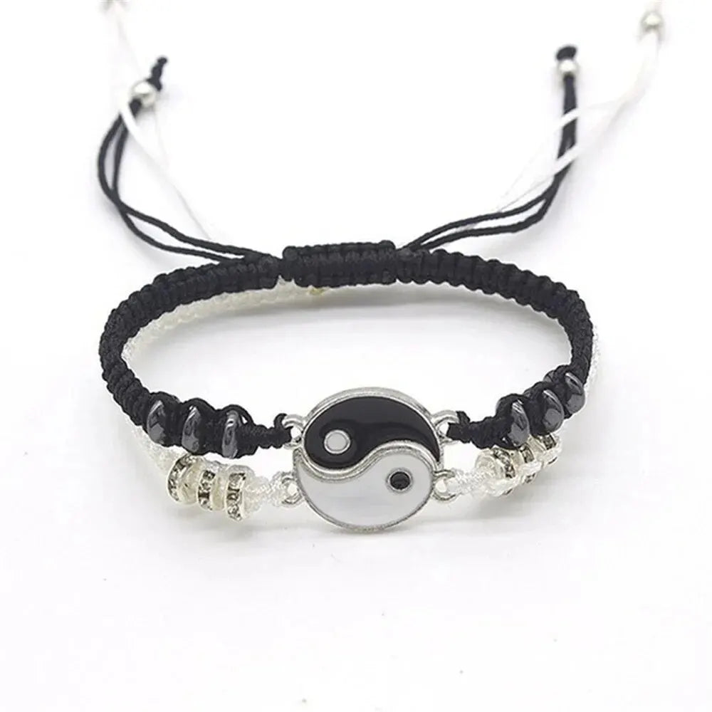 2 PC Jewelry Set Couple Black White Tai Chi Bracelet Rope Adjustable Chain Set Simple Style Daily Wear Jewelry