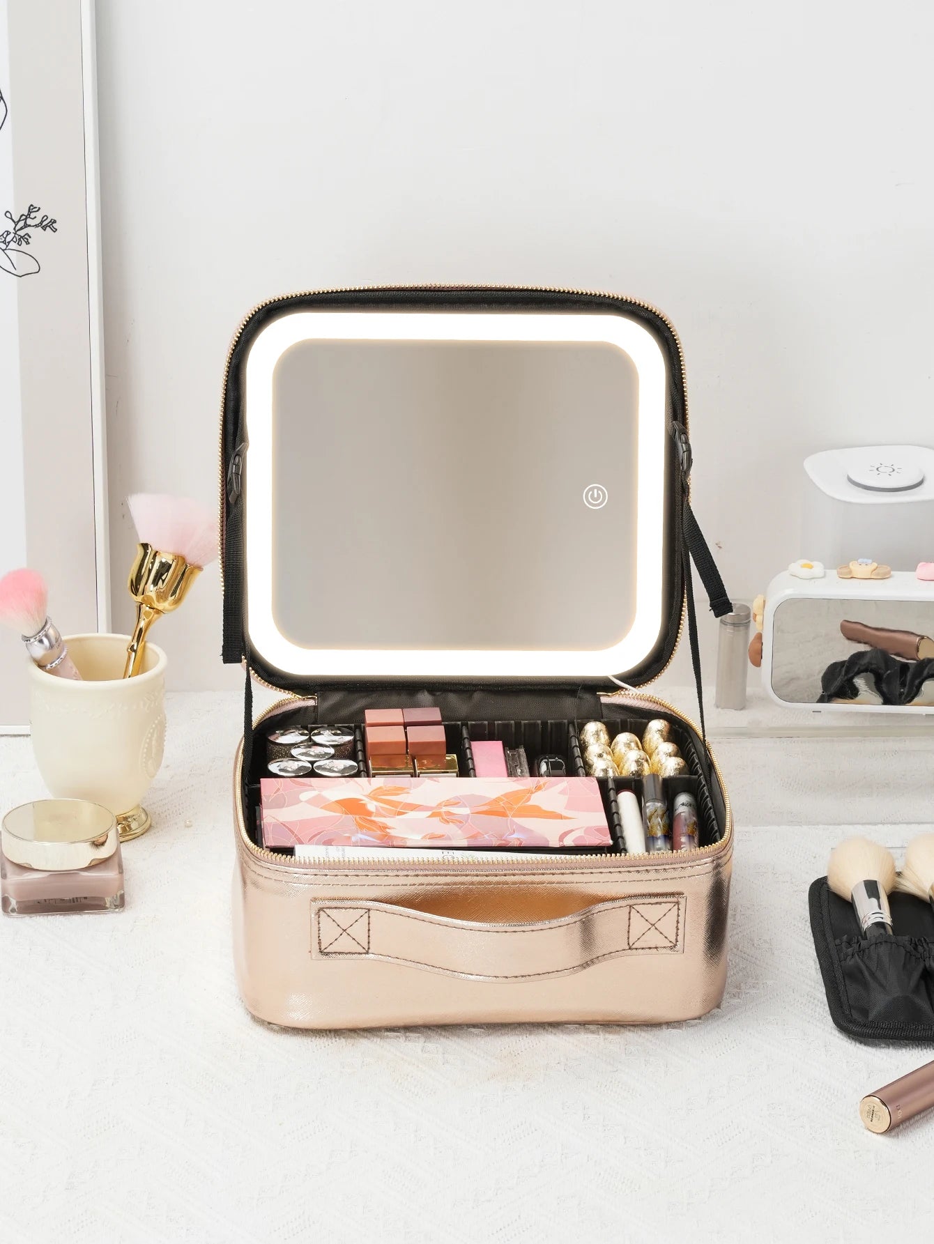 Travel Makeup Bag with LED Lighted Mirror 3 Color Scenarios Adjustable Brightness, with DIY Dividers, Toiletry Makeup Case Gift