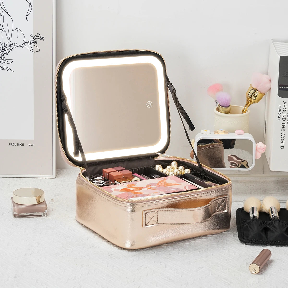 Travel Makeup Bag with LED Lighted Mirror 3 Color Scenarios Adjustable Brightness, with DIY Dividers, Toiletry Makeup Case Gift