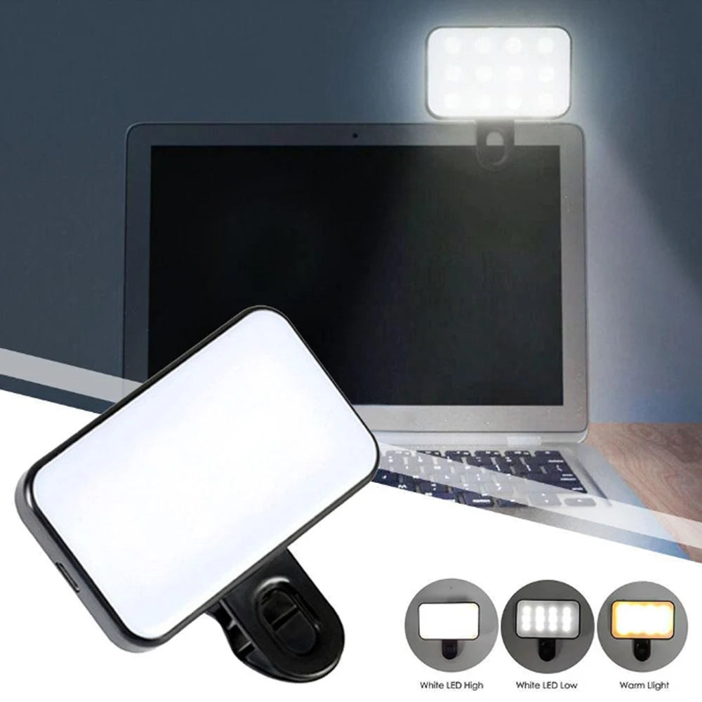 Portable Mini Selfie Fill Light Rechargeable Clip 3 Modes Adjustable Brightness On For Phone Laptop Tablet Meeting Make Up ﻿