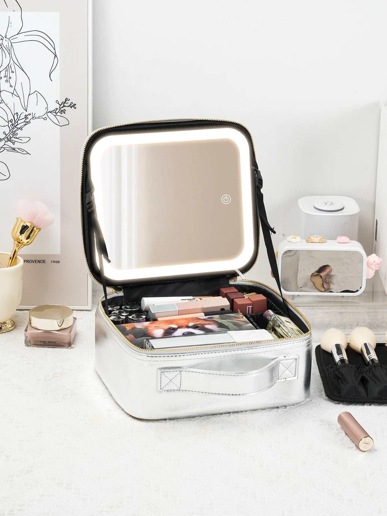 Travel Makeup Bag with LED Lighted Mirror 3 Color Scenarios Adjustable Brightness, with DIY Dividers, Toiletry Makeup Case Gift