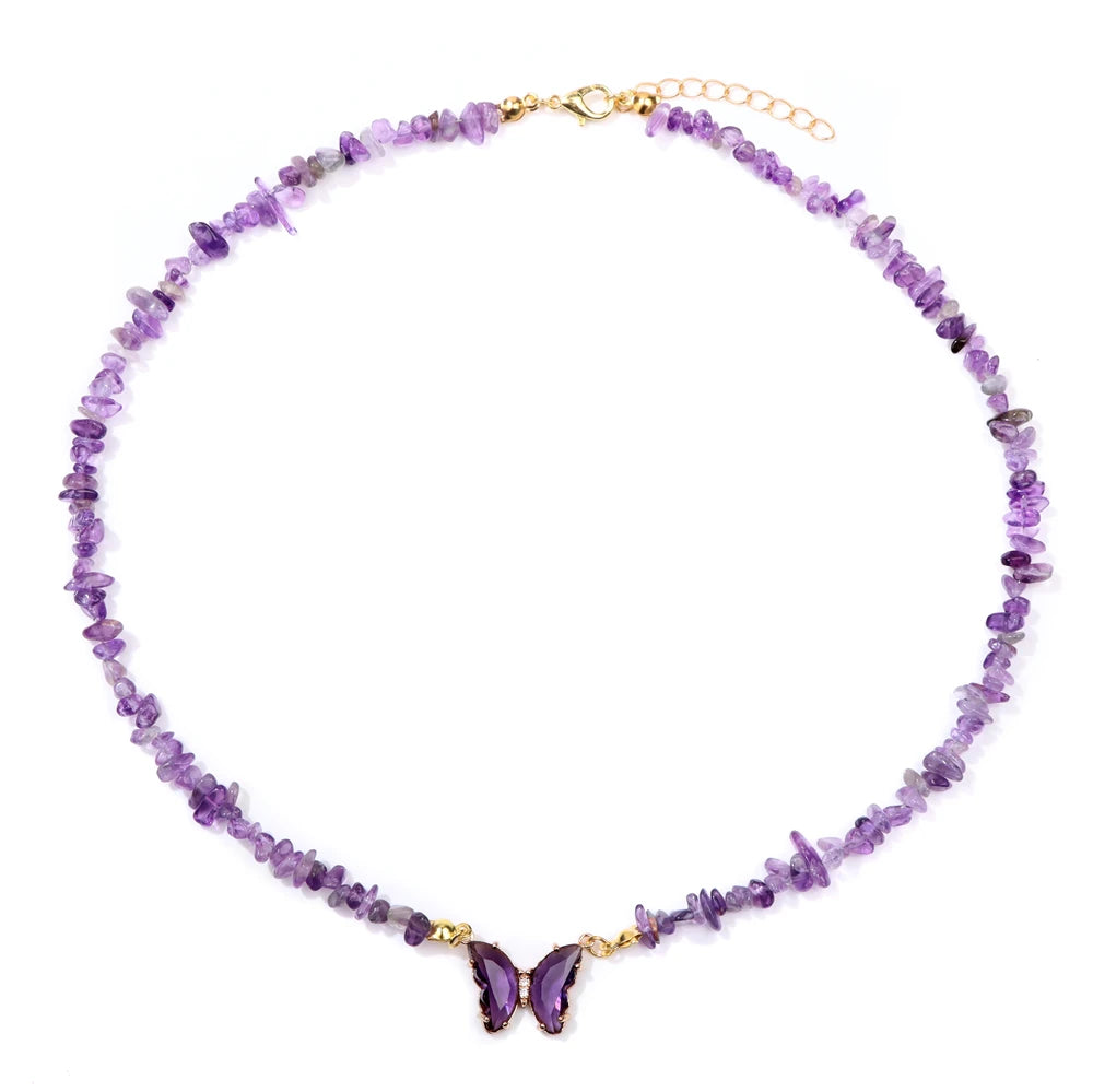 Trendy Butterfly Crystal Necklace Natural Purple Amethysts Quartzs Crystal Chip Stone Necklace Jewelry Gift For Women Couple