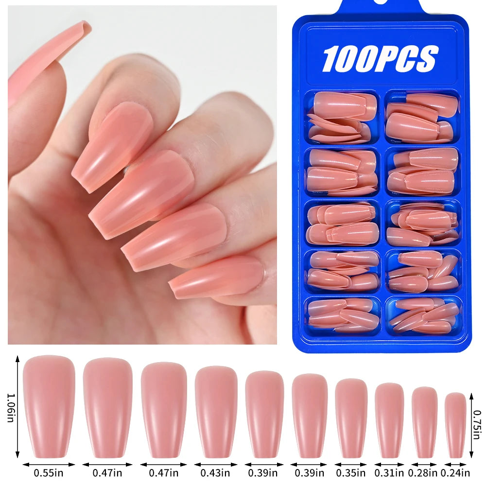 100Pcs Light Pink Press on Nails Short Medium Square Wearable Fake Nails Tips 10 sizes Full Cover False Nails Finger Decoration