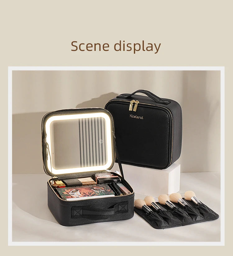 Travel Makeup Bag with LED Lighted Mirror 3 Color Scenarios Adjustable Brightness, with DIY Dividers, Toiletry Makeup Case Gift