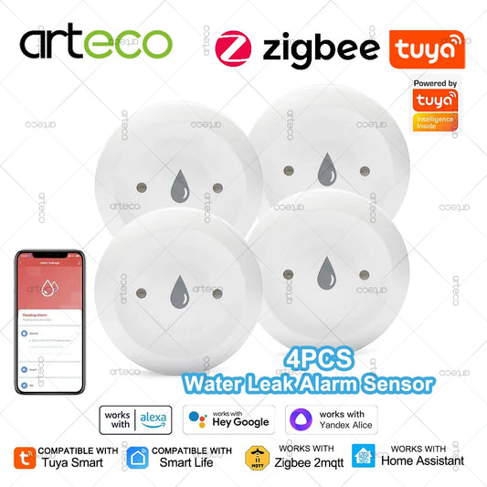 4Pcs ZigBee Water Leak Sensor Flood Water Detector Leakage Alarm For Kitchen/Bathroom Tuya Smart App Control Support Zigbee2MQTT