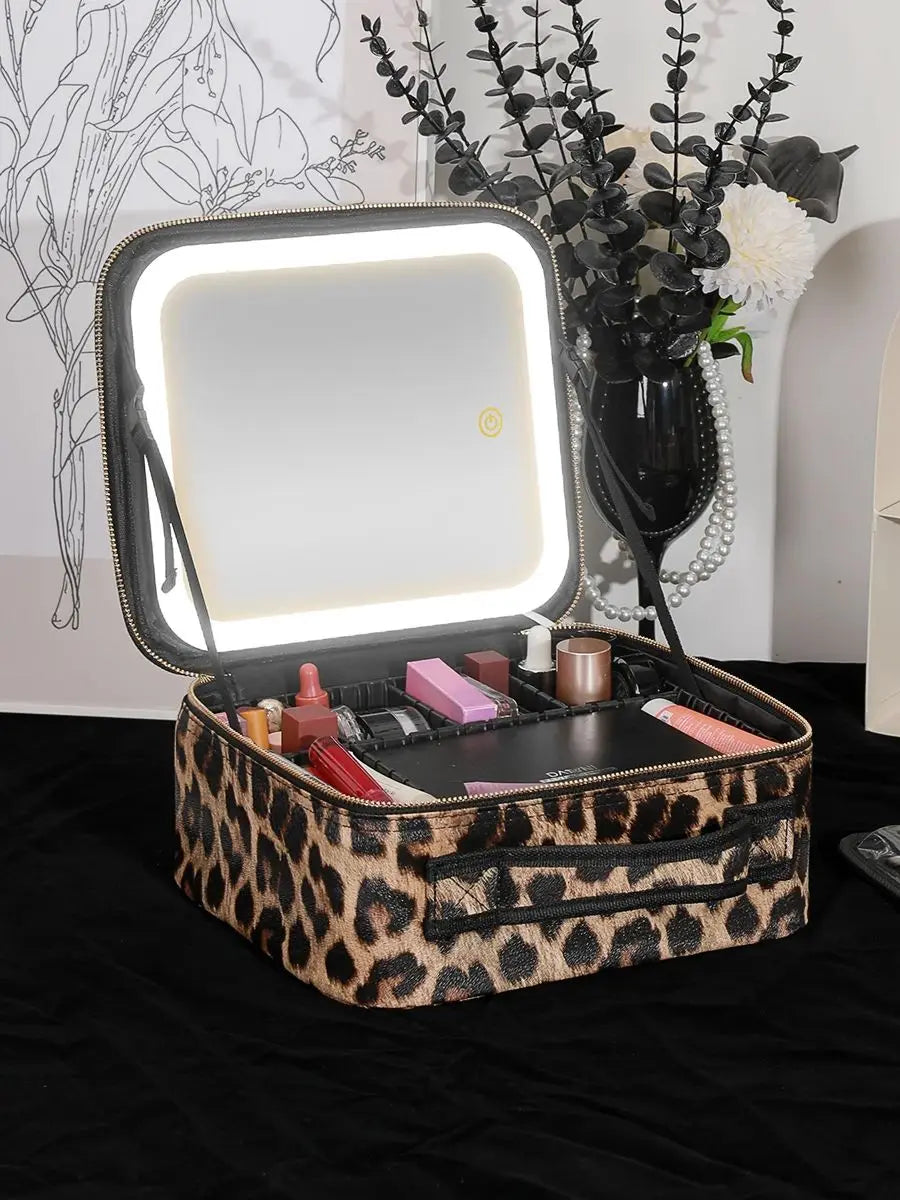 Travel Makeup Bag with LED Lighted Mirror 3 Color Scenarios Adjustable Brightness, with DIY Dividers, Toiletry Makeup Case Gift