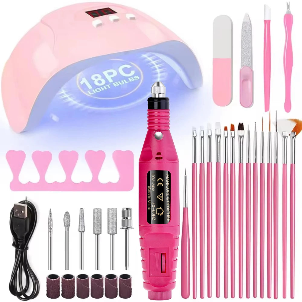 YIKOOLIN 46-Piece Essential Manicure Tool Set With LED UV Nail Lamp Gel Curing Machine Electric Nail File Drill Manicure Tools