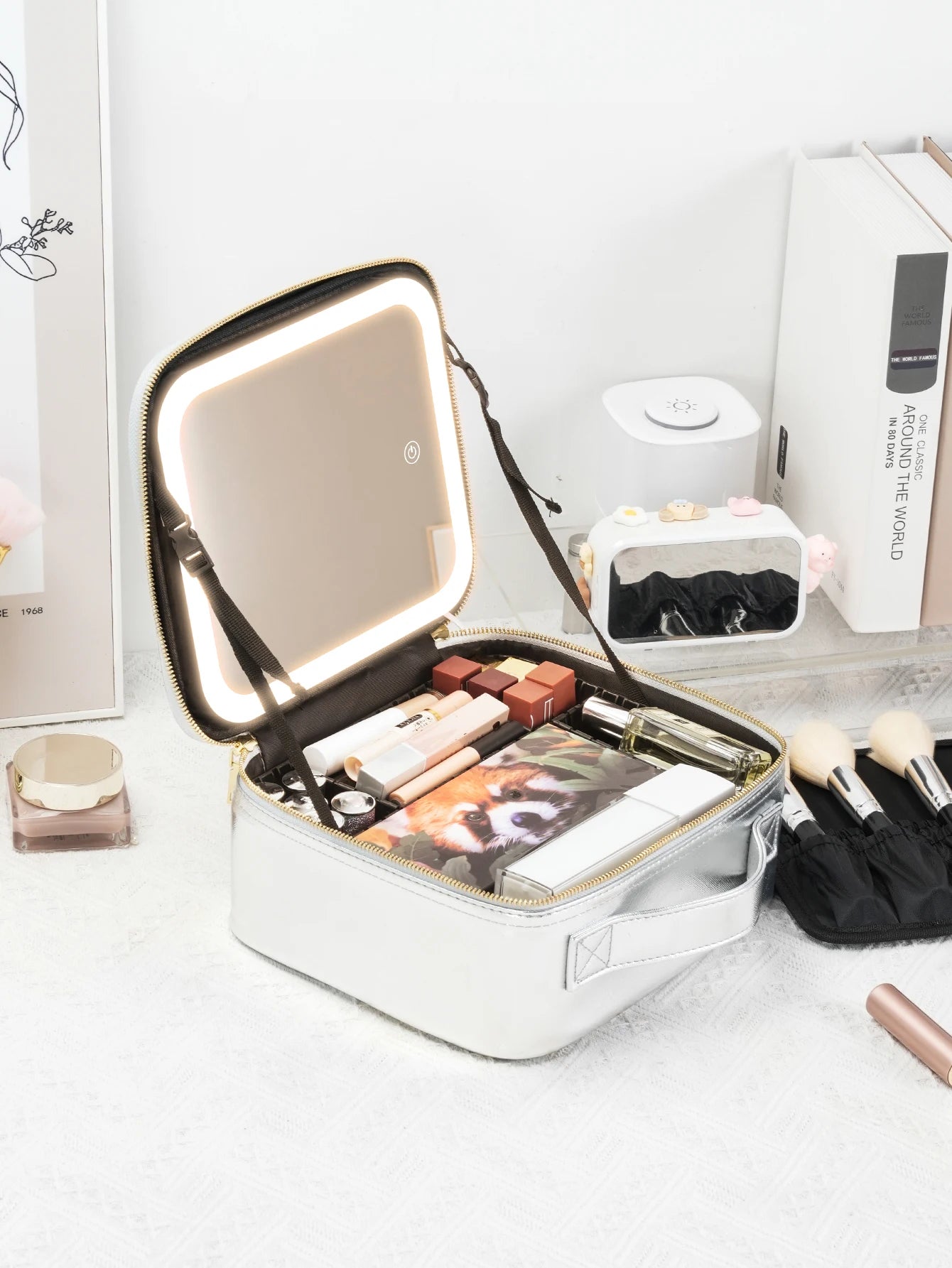 Travel Makeup Bag with LED Lighted Mirror 3 Color Scenarios Adjustable Brightness, with DIY Dividers, Toiletry Makeup Case Gift