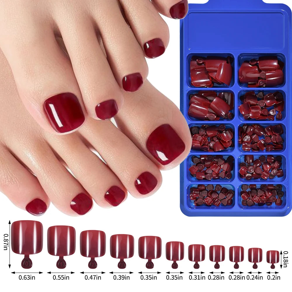 100Pcs Fake Toenail Natural Press On Toe Foot Rose Red Full Cover Square Nails Art Tips Artificial Acrylic Glossy False Toe Tips