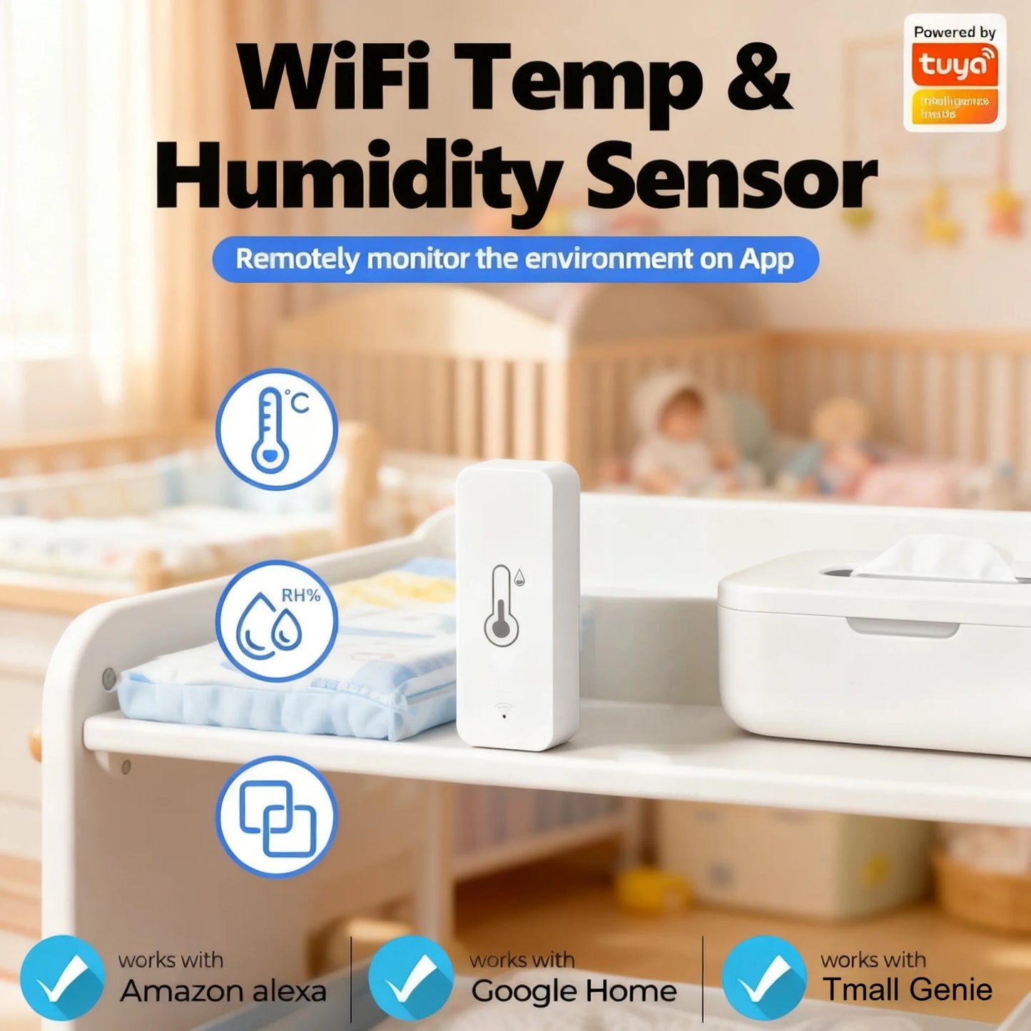 Smart Temperature & Humidity Sensor with WiFi Low Battery Alert Intelligent Climate Control Device Indoor Environment Monitoring