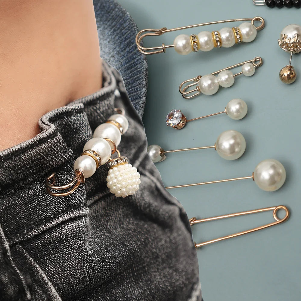 Pearl Brooches Set Waist Buckle Cardigan Jeans Button Brooch Pins Women Sweater Coat Anti Fall Pearls Clothes Pin Decoration