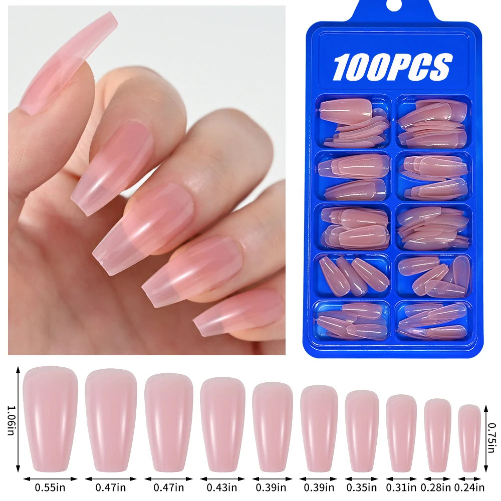 100Pcs Light Pink Press on Nails Short Medium Square Wearable Fake Nails Tips 10 sizes Full Cover False Nails Finger Decoration