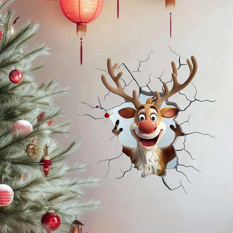 Reindeer Break-through Wall Decal, Vinyl Creative Christmas Wall Door Stickers, Removable Holiday Decor For Home Living Spaces