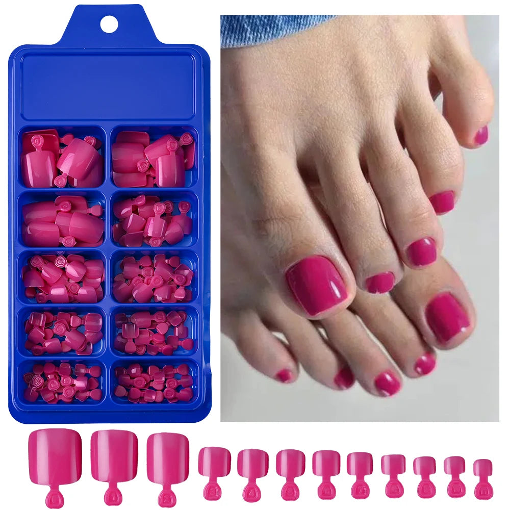 100Pcs Fake Toenail Natural Press On Toe Foot Rose Red Full Cover Square Nails Art Tips Artificial Acrylic Glossy False Toe Tips