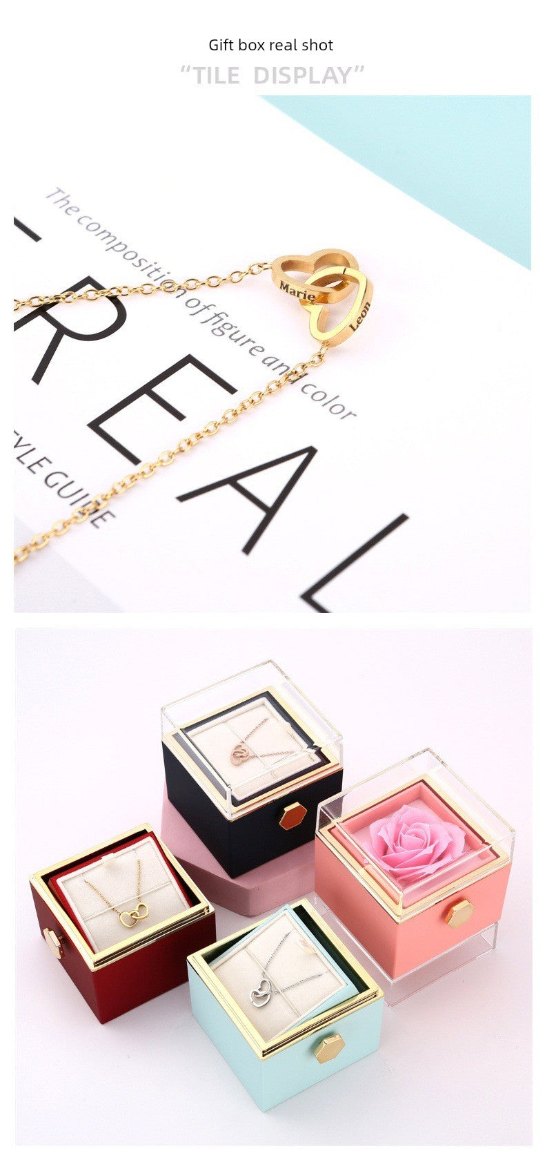 Personality Lettering Stainless Steel Double Ring Heart Necklace Rotating Rose Jewel Case and Packing Box Reversible Necklace Box