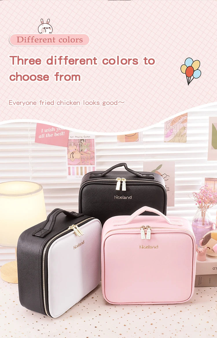 Travel Makeup Bag with LED Lighted Mirror 3 Color Scenarios Adjustable Brightness, with DIY Dividers, Toiletry Makeup Case Gift