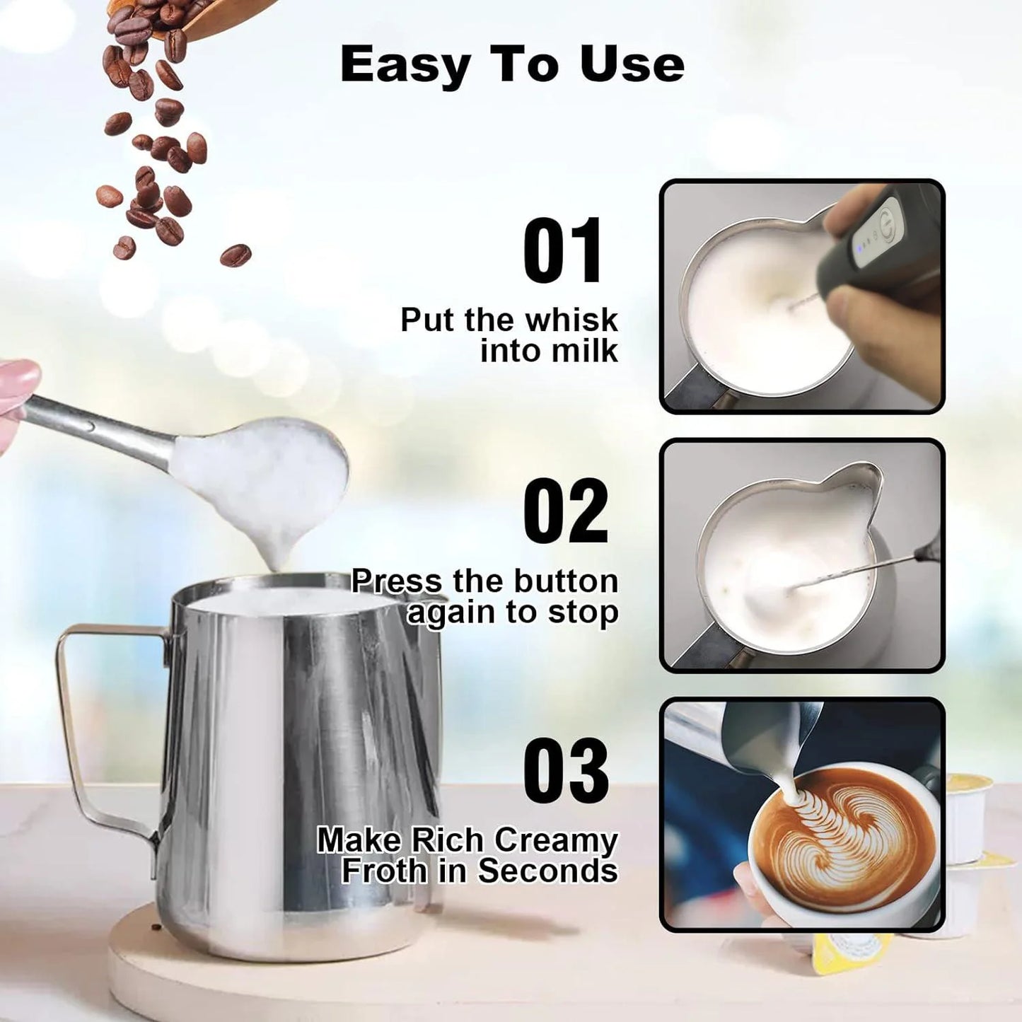 Wireless Milk Frother Electric Type-C Handheld Blender Stainless Steel Mini Coffee Maker Whisk Mixer For Coffee Cappuccino Cream