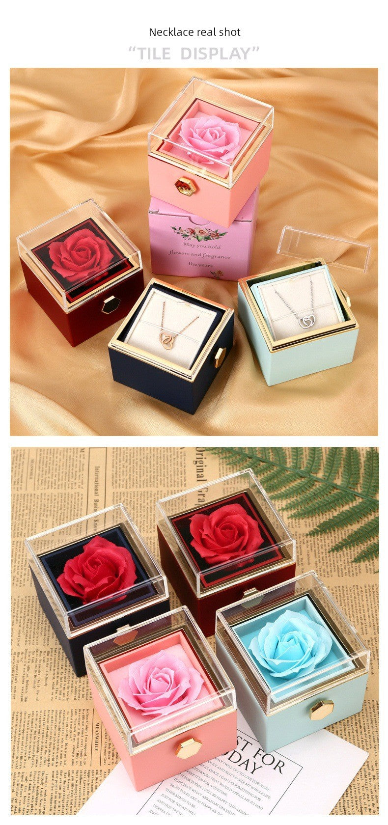 Personality Lettering Stainless Steel Double Ring Heart Necklace Rotating Rose Jewel Case and Packing Box Reversible Necklace Box