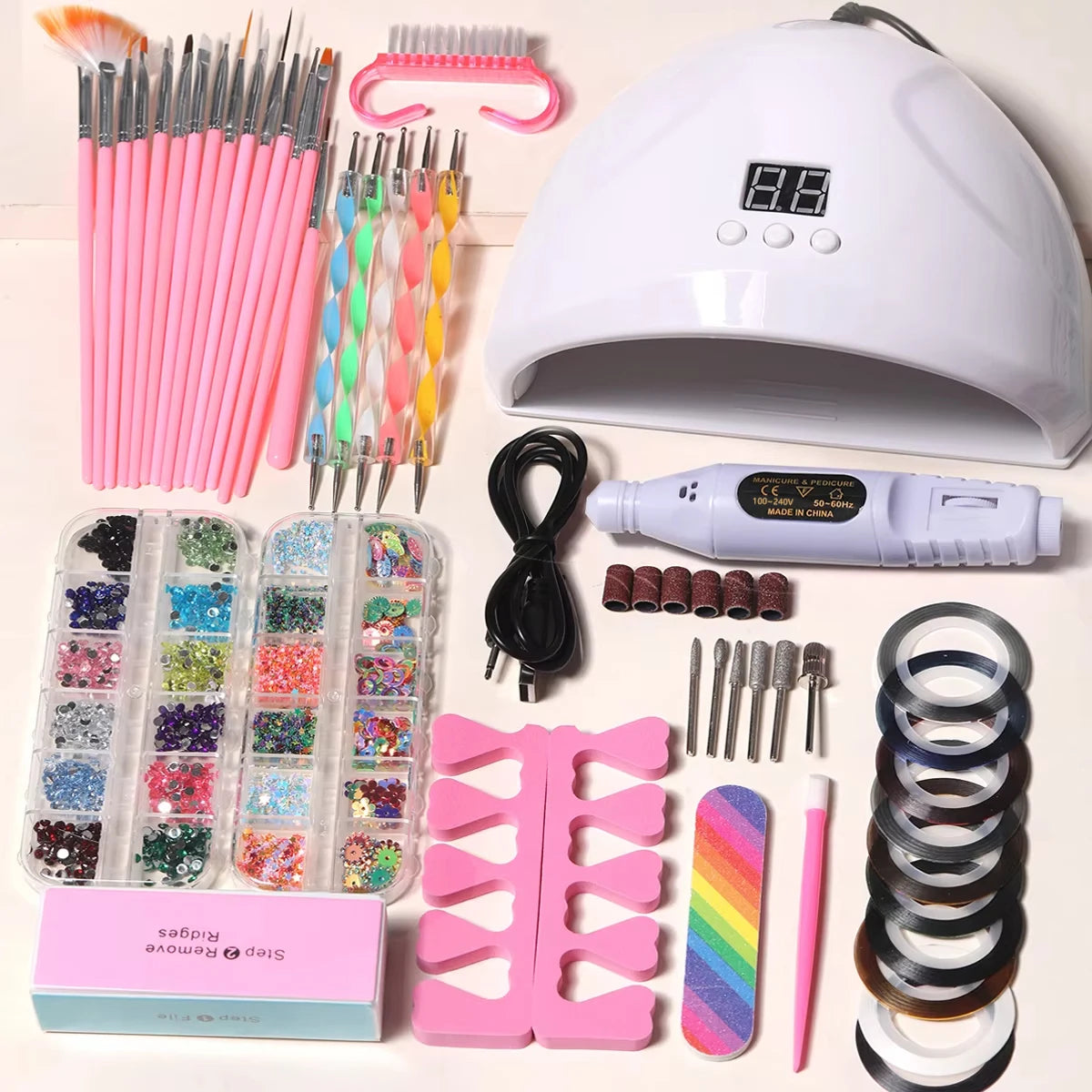 YIKOOLIN 46-Piece Essential Manicure Tool Set With LED UV Nail Lamp Gel Curing Machine Electric Nail File Drill Manicure Tools