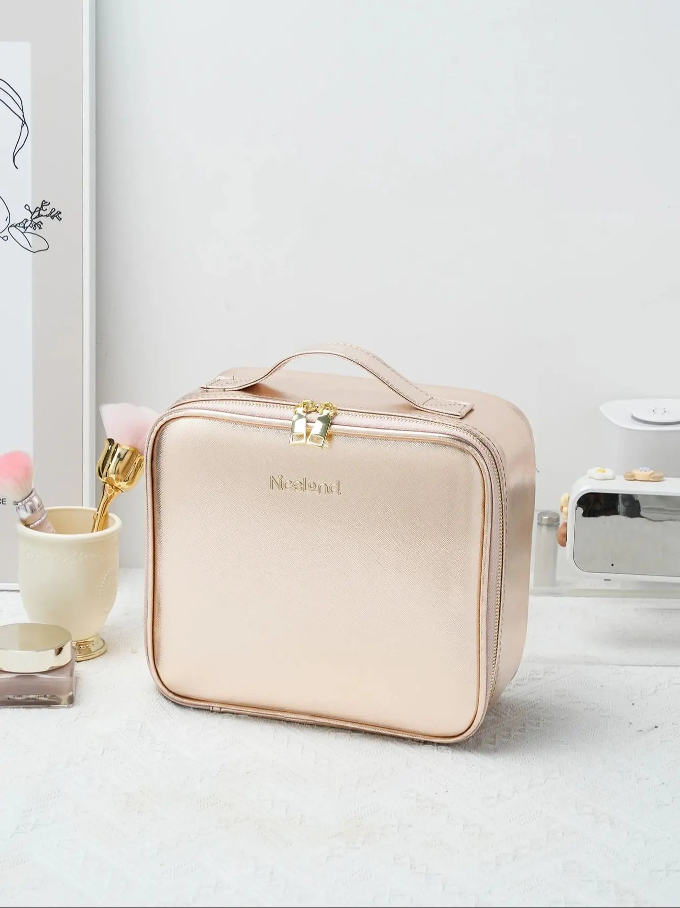 Travel Makeup Bag with LED Lighted Mirror 3 Color Scenarios Adjustable Brightness, with DIY Dividers, Toiletry Makeup Case Gift