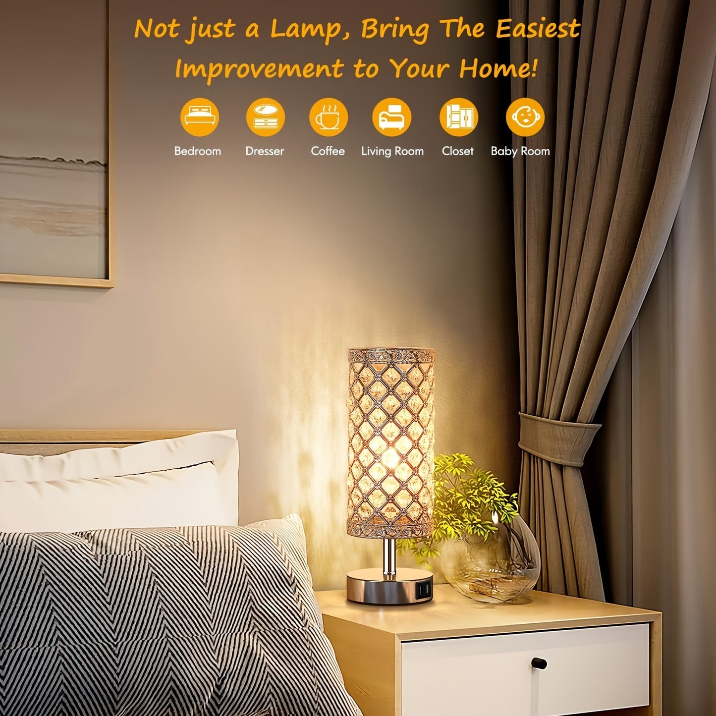 Touch Control Crystal Table Lamp Set of 2 Bedside Nightstand Lamps with 2 USB Charging Ports, 3-Way Dimmable, K9 Crystal Decorative Desk Lamp for Bedroom, Girls Guest Room, Living Room, Bulbs Included