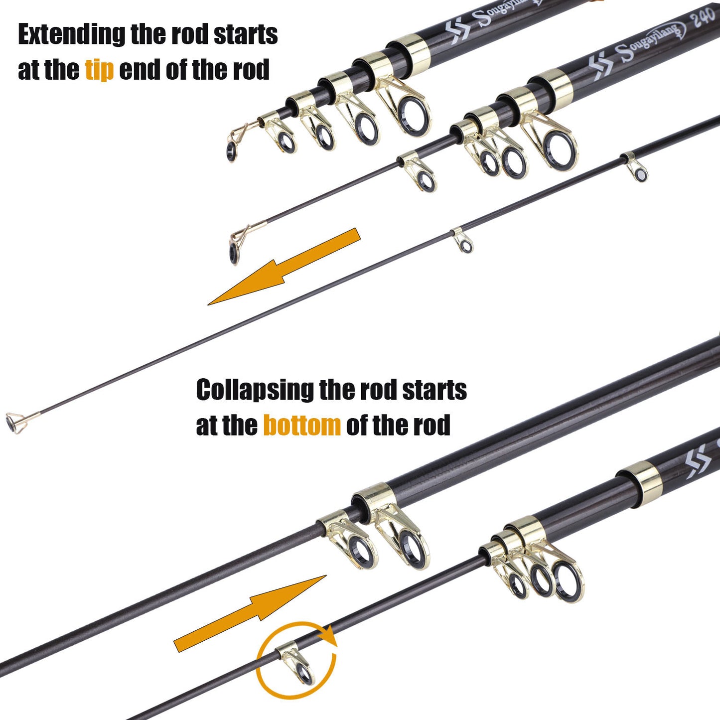 [Quality Construction] Sougayilang Ultralight Carbon Fiber Spinning Fishing Rod - Portable, Medium Action, 6.72-9.84ft Extendable Length, Black & Golden with Comfort Grip Handle - Ideal for All Anglers