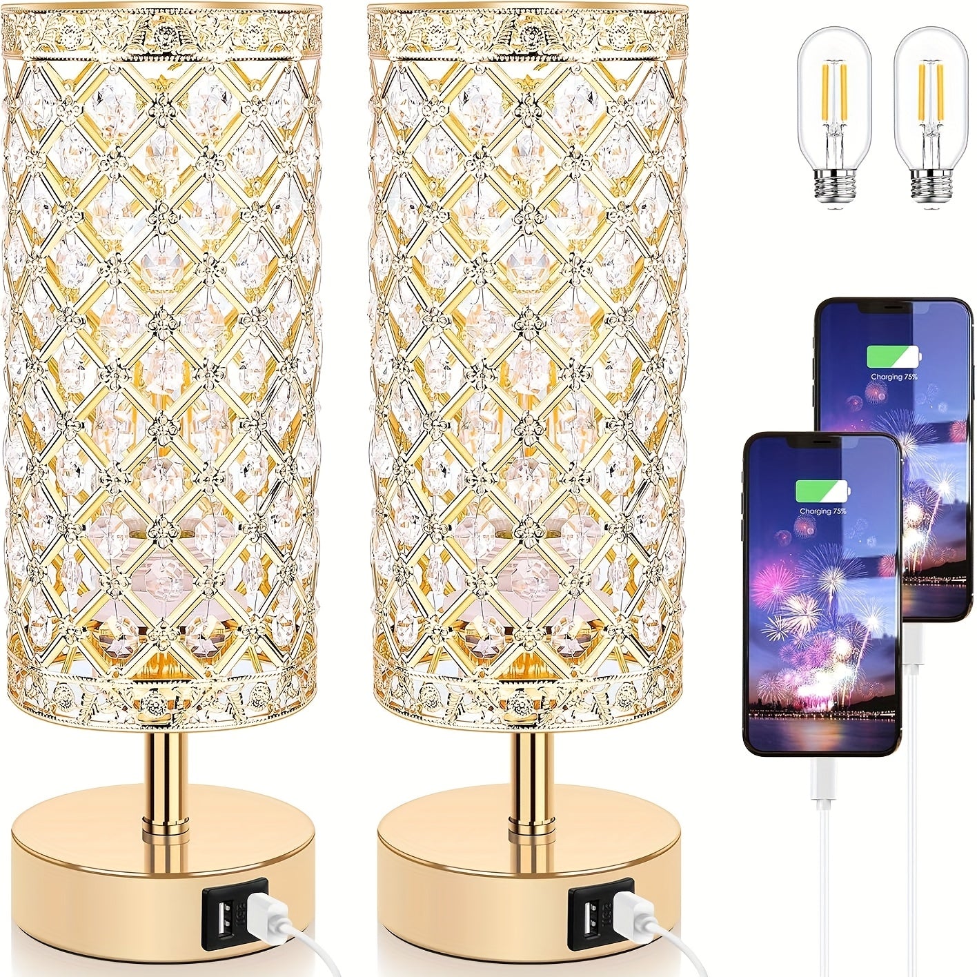 Touch Control Crystal Table Lamp Set of 2 Bedside Nightstand Lamps with 2 USB Charging Ports, 3-Way Dimmable, K9 Crystal Decorative Desk Lamp for Bedroom, Girls Guest Room, Living Room, Bulbs Included