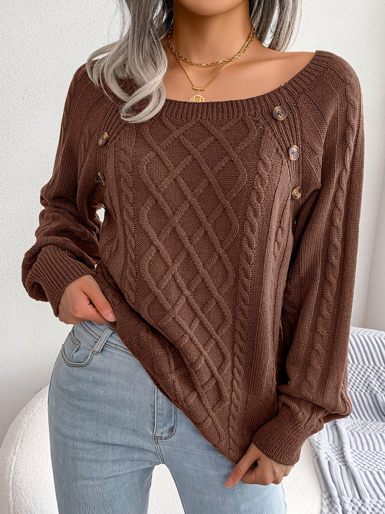[Texture Lantern Sleeve Sweater] Round Neck Texture Lantern Sleeve Women's Sweater - Button Sweater